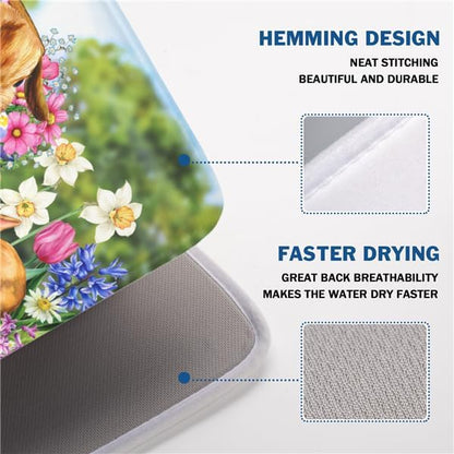 Easter Bunnies Eggs Dish Drying Mat for Kitchen Counter,Spring Colorful Flowers Drying Mat 18 x 24 Inch with High Absorbent Microfiber Drainer Mat for Coffee Bar