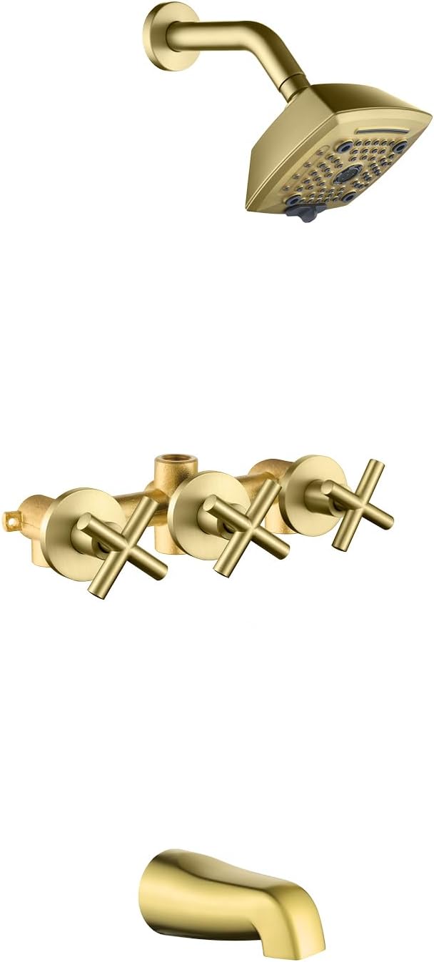 3 Handle Shower Faucet Set with Tub Spout 6-Spray Shower Head and Handle Set Shower Trim Kit with Rough-in Valve Bathroom Shower Faucet Valve Trim Kit Shower System Brushed Gold