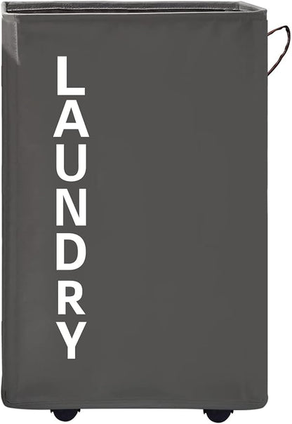 92L Extra Large Laundry Hamper with Leather Handle,Standable Laundry Basket with Wheels Laundry Hamper on Wheels,Large Hamper,Rolling Laundry Basket Grey