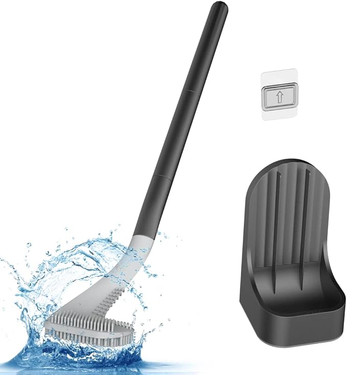 Toilet Brush, Long Handle Golf Toilet Brush with Holder 360° Deep Cleaning Flexible Silicone Toilet Cleaner Brush Wall Mounted for Bathroom (Black)