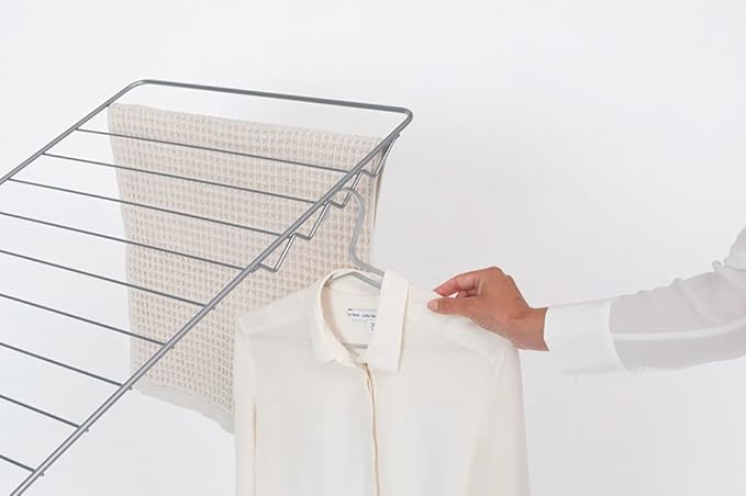 Brabantia HangOn Clothes Drying Rack | 82ft (25m) | Metallic Gray | Large Indoor Clothes Airer Laundry Stand with 2 Fold-Out Wings & Hanger Hooks, Folds Flat | Fits 2 Full Loads