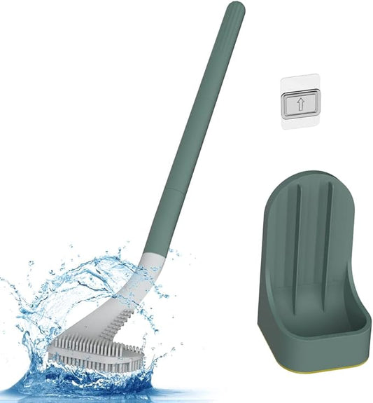 Toilet Brush, Long Handle Golf Toilet Brush with Holder 360° Deep Cleaning Flexible Silicone Toilet Cleaner Brush Wall Mounted for Bathroom (Green)