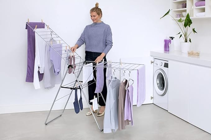 Brabantia HangOn Clothes Drying Rack | 82ft (25m) | Metallic Gray | Large Indoor Clothes Airer Laundry Stand with 2 Fold-Out Wings & Hanger Hooks, Folds Flat | Fits 2 Full Loads