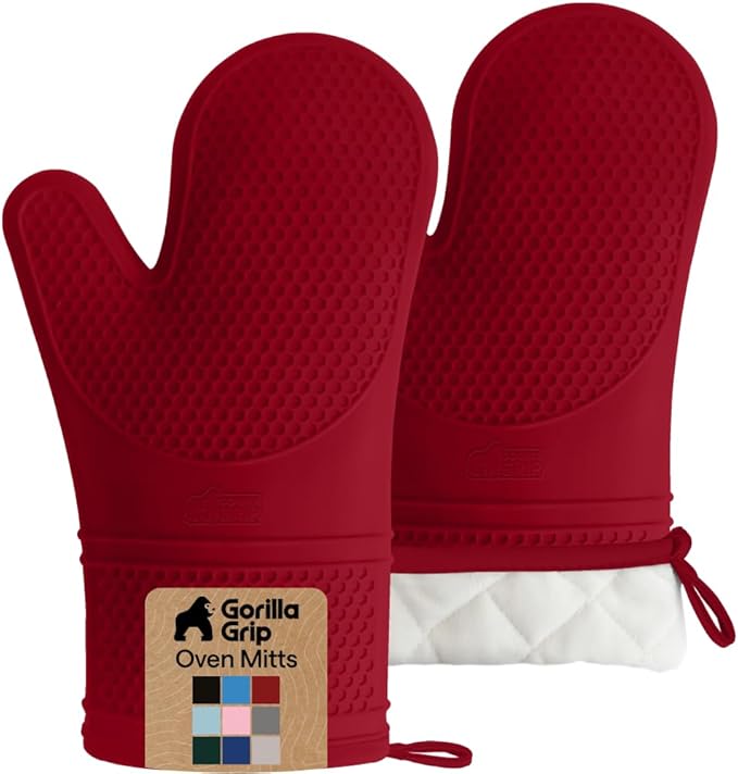 GORILLA GRIP BPA-Free Soft Silicone Oven Mitts, Heat Resistant and Waterproof Cooking Safety Gloves, Thick Cotton Lining, Flexible Gripping, Kitchen Potholders Set, for Grilling, BBQ, 12.5x8.3, Red
