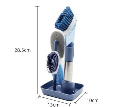 Multifunctional Kitchen Dish Washing Brush Set with Automatic Liquid Filling, Long Handle Scrub Brush with Stand, Blue