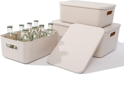 Plastic Storage Baskets With Lid Organizing Container Lidded Knit Storage Organizer Bins for Shelves Drawers Desktop Closet Playroom Classroom Office (M+2S, Light grey)