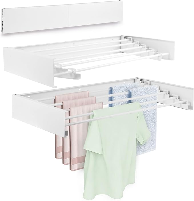 Wall Mounted Laundry Drying Rack, Carbon Steel Foldable & Retractable Clothes Drying Rack, Space Saving Adjustable Towel Holder for Bathroom, Laundry, Small Spaces (1, White, 80cm)