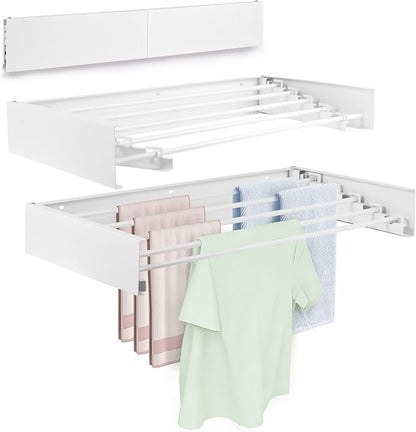 Wall Mounted Laundry Drying Rack, Carbon Steel Foldable & Retractable Clothes Drying Rack, Space Saving Adjustable Towel Holder for Bathroom, Laundry, Small Spaces (1, White, 80cm)