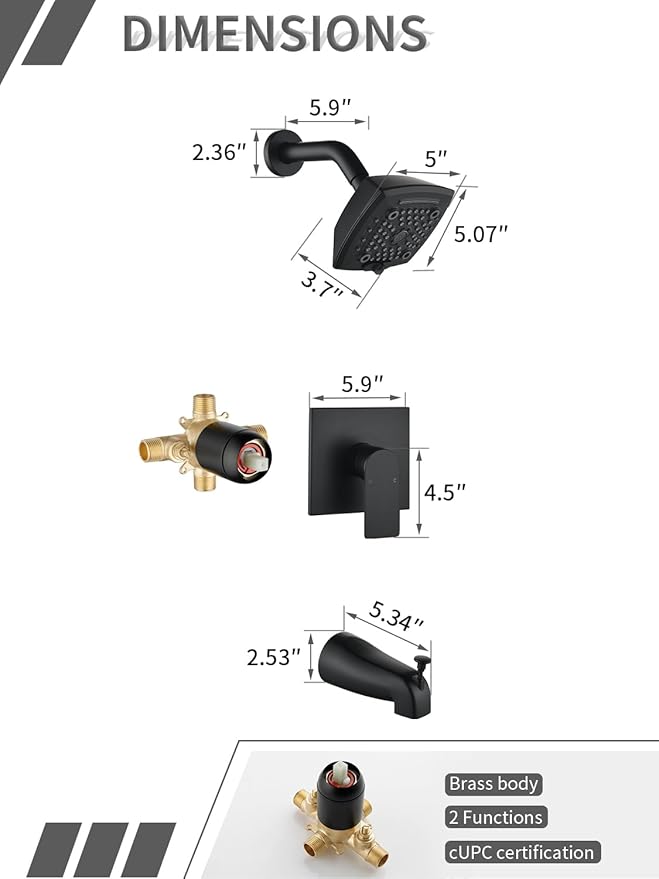 Black Shower Head and Handle Set 5 Inch Bathtub Faucet Shower Faucet with 6-Spray Shower Head Shower Valve Kit Modern Shower Set High-Pressure Shower Trim Kit