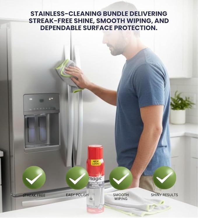 Magic Citrus Scent Stainless Steel Cleaner & Polish 17 oz Spray Bundle with Microfiber Cleaning Cloth — Foaming Formula for Kitchen Appliance Surface Care — Gift Set (2 Items)