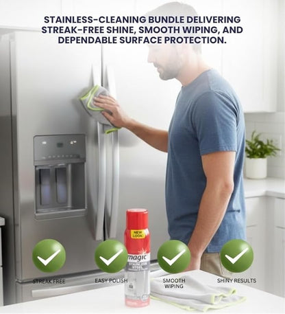 Magic Citrus Scent Stainless Steel Cleaner & Polish 17 oz Spray Bundle with Microfiber Cleaning Cloth — Foaming Formula for Kitchen Appliance Surface Care — Gift Set (2 Items)
