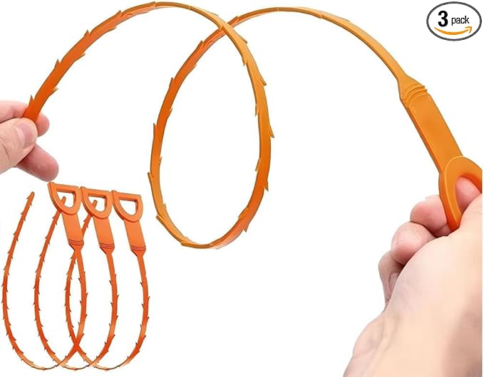 Drain Snake Hair Clog Remover Tool, Orange, Plastic, 20 Inch, Flexible Design for Toilet, Sink, Floor Drain, 3 Pack