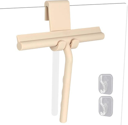 Shower Squeegee for Glass Doors, Full Silicone Jacketed Squeegee with Ergonomic Handle & No-Drill Hook, Cleaning Tool for Windows, Mirrors, Tiles, Bathroom & Car - Beige