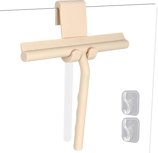 Shower Squeegee for Glass Doors, Full Silicone Jacketed Squeegee with Ergonomic Handle & No-Drill Hook, Cleaning Tool for Windows, Mirrors, Tiles, Bathroom & Car - Beige
