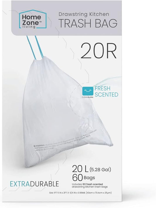Home Zone Living 5.3 Gallon Kitchen Trash Bags with Drawstring Handles, Heavy Duty Custom Fit Design for 20 Liter Dual Recycling Liners, Code 20R, 60-Count