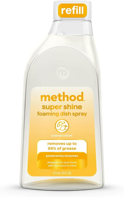 Method Super Shine Foaming Dish Spray Refill, Reuse With Trigger, Powered by Enzymes, Coastal Citron Scented, 16 fl oz