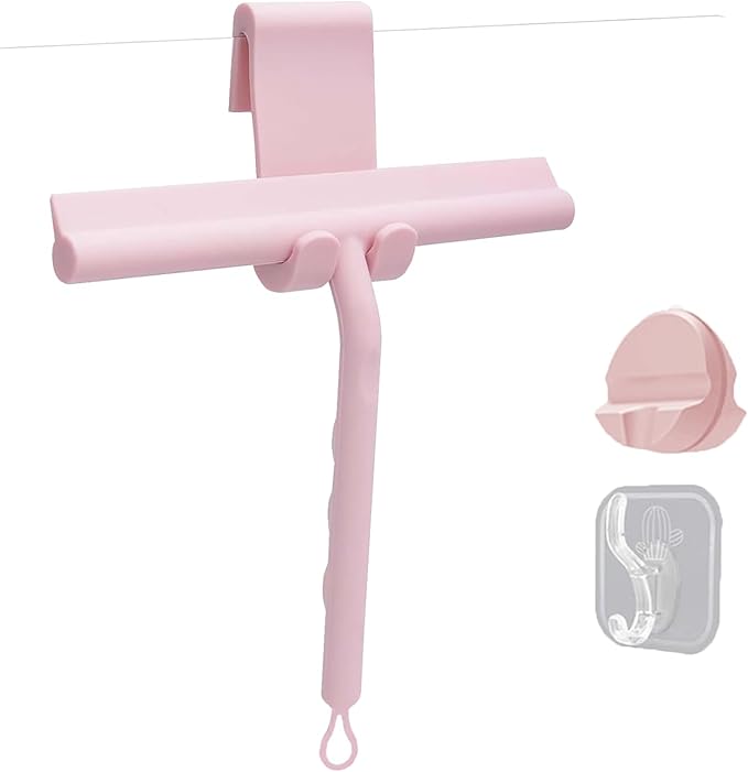 Squeegee for Shower Glass Doors, Resilient Loop - No-Drill & Adhesive Hook, Silicone Shower Squeegee with Stainless Steel Core, Cleaning Tool for Home, Kitchen, Bathroom & Car - Pink