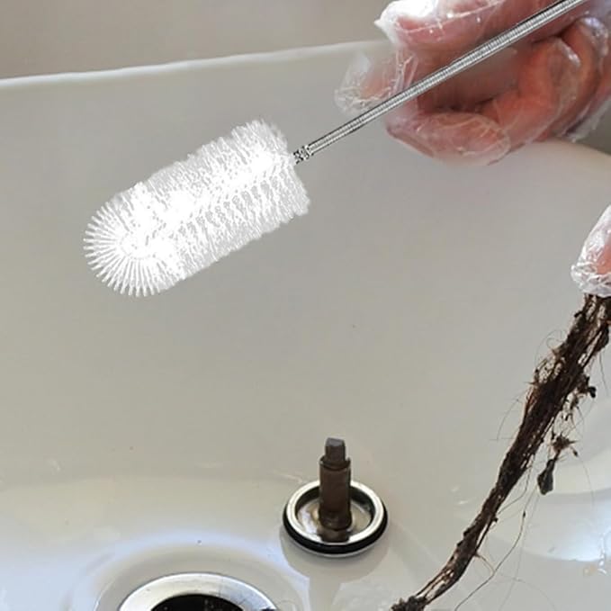 Flexible Long Drain Brush Set, Stainless Steel Tube Cleaning Brushes for Kitchen, Sink, Drain Pipe and Long Pipe Cleaning, with Large Double Elastic Nylon Ends(Color:White)