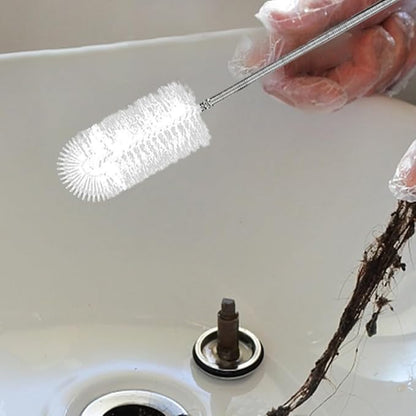 Flexible Long Drain Brush Set, Stainless Steel Tube Cleaning Brushes for Kitchen, Sink, Drain Pipe and Long Pipe Cleaning, with Large Double Elastic Nylon Ends(Color:White)