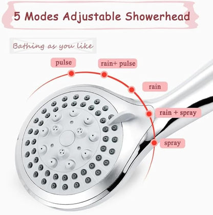 Shower Head - High Pressure 5 Setting Shower Heads, Multi-Functional Chrome Finished Bathroom Rainfall Shower Head With Handheld Spray & 5Ft Shower Hose For Luxury Shower Experience