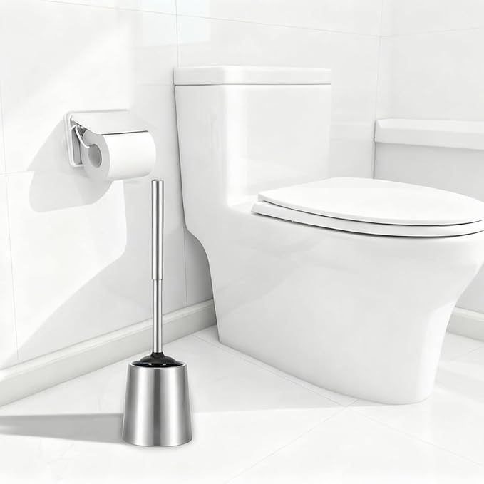 SUS304 Stainless Steel Toilet Brush and Holder Set Toilet Brush Case Cleaner for Toilet Bowl Bathroom Cleaning Brush Caddy Cepillo de Baño wih Oily Coating Brushed Stainless Silver