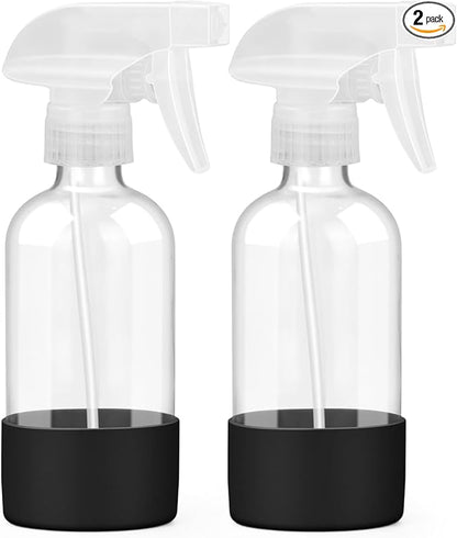 Worldgsb 2 Pack Glass Spray Bottles 8 oz, Empty Refillable Containers with Silicone Sleeve Protection, Glass Spray Bottles for Cleaning Solutions, Hair and Plants with Adjustable Nozzles Black