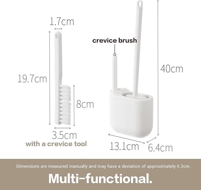 Silicone Toilet Brush Set with Corner Brush & Wall-Mounted Holder, No-Scratch Design with Drainage Holes, Adhesive Installation, White