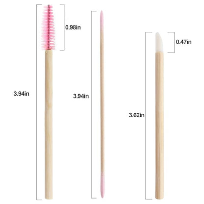300 pcs Eyelash Extension Supply Kits 200pcs Disposable Double pointed head Wooden Micro Brush 50pcs Eyebrow Lash Spoolie 50pcs Lip Brush Mascara Wand Applicator Makeup Tools (Bamboo pink kits)