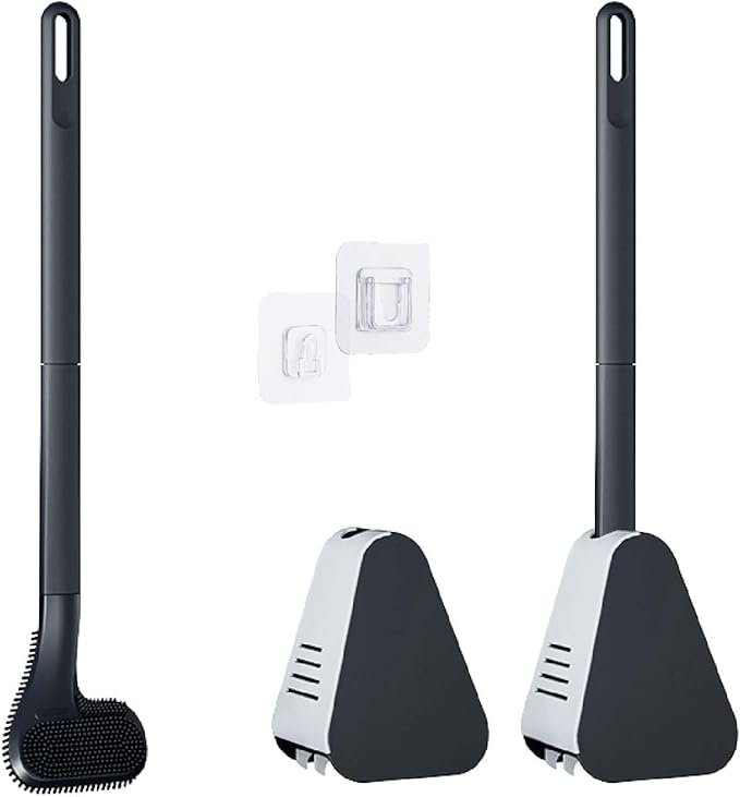 Toilet Brush, Long Handle Golf Toilet Brush with Holder 360° Deep Cleaning Flexible Silicone Toilet Cleaner Brush Wall Mounted for Bathroom (2Pcs Black)