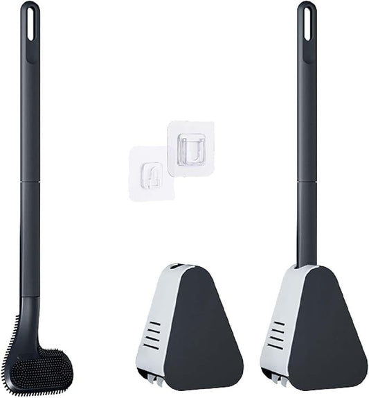Toilet Brush, Long Handle Golf Toilet Brush with Holder 360° Deep Cleaning Flexible Silicone Toilet Cleaner Brush Wall Mounted for Bathroom (2Pcs Black)