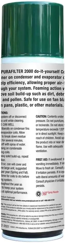 PURAFILTER 2000 Coil Cleaner Foaming Spray | Use on AC HVAC Condensers and Evaporator Coils | Commercial and Professional Grade Cleaner