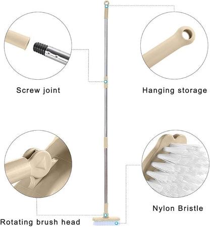 LandHope Long Handled Scrub Brush Rotatable Brush Head Floor Brush Scrubber Adjustable Poles Small Shower Tile Grout Scrubber Cleaning Brush for Bathroom Bathtub Kitchen Balcony Wall Deck - Beige
