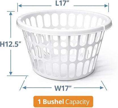 2 Pack 1 Bushel Round Laundry Baskets, White Plastic Clothes Hamper with Ventilated Design and Built-In Handles, Lightweight Household Organizer