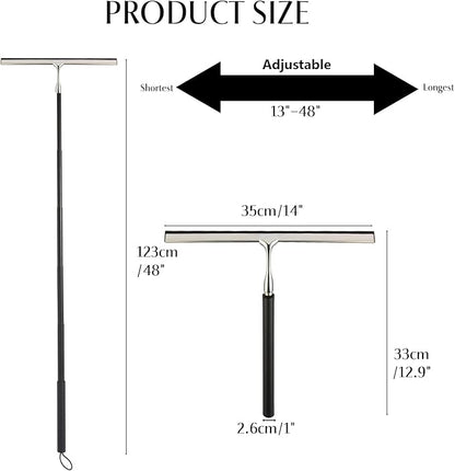 Shower Squeegee with Long Handle – Includes Replacement Silicone Blade, Extendable 13" to 48", 14" Wide for Glass, Mirrors, Windows, Bathroom Tiles & Walls, Telescopic Wiper with Hooks (Black)