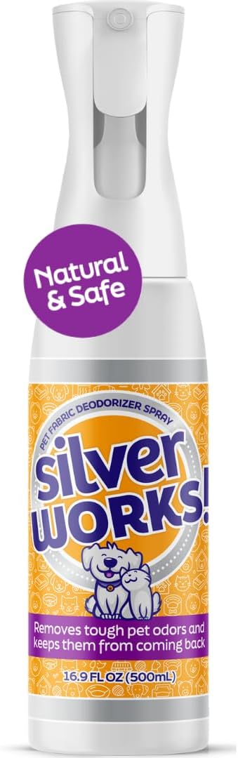 SilverWorks! Pet Odor Eliminator Spray For Home - Safe, Natural, Silver Ion Deodorizer - Cat, Dog Smell And Urine Odor Eliminator For Carpet, Furniture And Litter -16.9oz