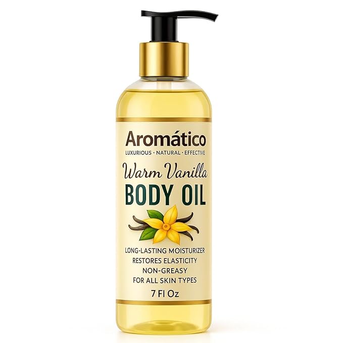 Aromatico Warm Vanilla Body Oil for Women - 7 fl oz | Moisturizing Scented Body Oil for After Shower Daily Use | Cozy, Creamy Vanilla Scent