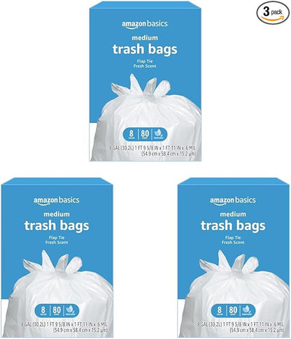 Amazon Basics 8 Gallon Flap Tie Trash Bags Fresh Scent, 80 Count (Pack of 3)