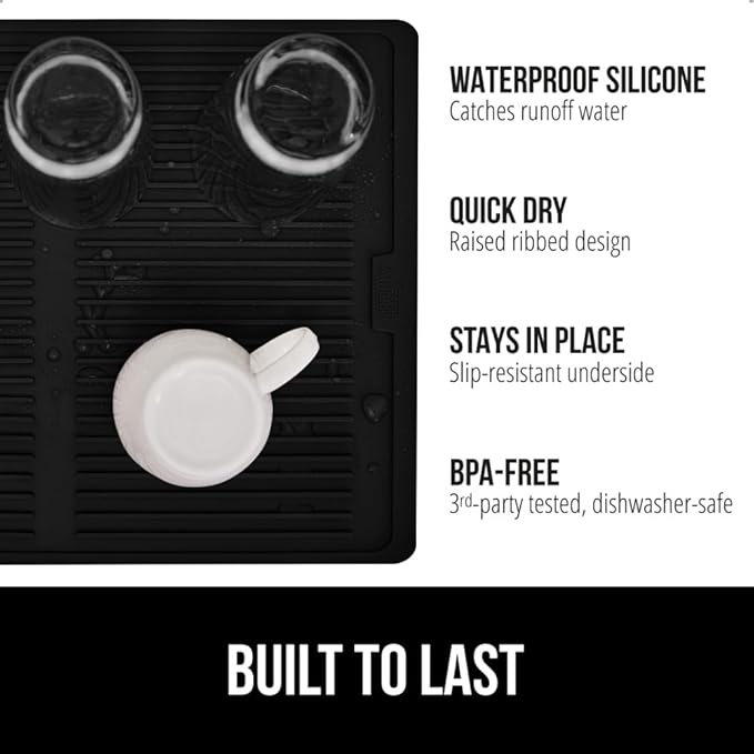 GORILLA GRIP 100% BPA-Free Patented Silicone Dish Drying Mat for Kitchen Counter, 18x16 Inch, Water Catching Ribbed Design, Easy Clean Waterproof Sink Liner, Heat Resistant, Fits Under Rack, Black