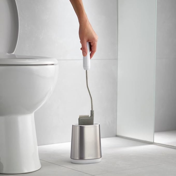 Joseph Joseph Flex Lite Silicone Toilet Brush with Slimline Holder Set, Flexible Head, drip, Anti-Clog deep Clean - Stainless Steel