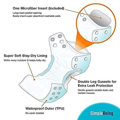 Simple Being Reusable Cloth Diapers- One Size Adjustable, Washable Soft Absorbent, Waterproof Cover, Eco-Friendly Unisex Baby Girl Boy, six 4-Layers Microfiber Inserts (Whimsical)