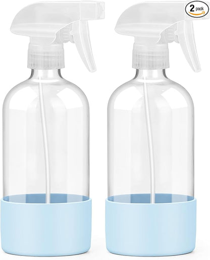 Worldgsb 2 Pack Glass Spray Bottles with Silicone Sleeve, 16 oz Empty Refillable Containers with Adjustable Spray Nozzles, Spray Bottles for Hair, Cleaning Solutions and Plants Blue