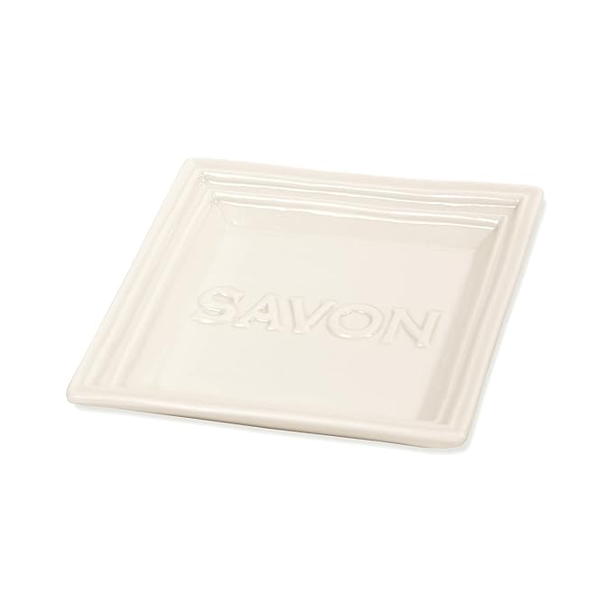 Pre de Provence Marseille Olive Oil Ceramic Soap Dish, Keeps Bar Dry and Protects Countertops, 4.3" Square