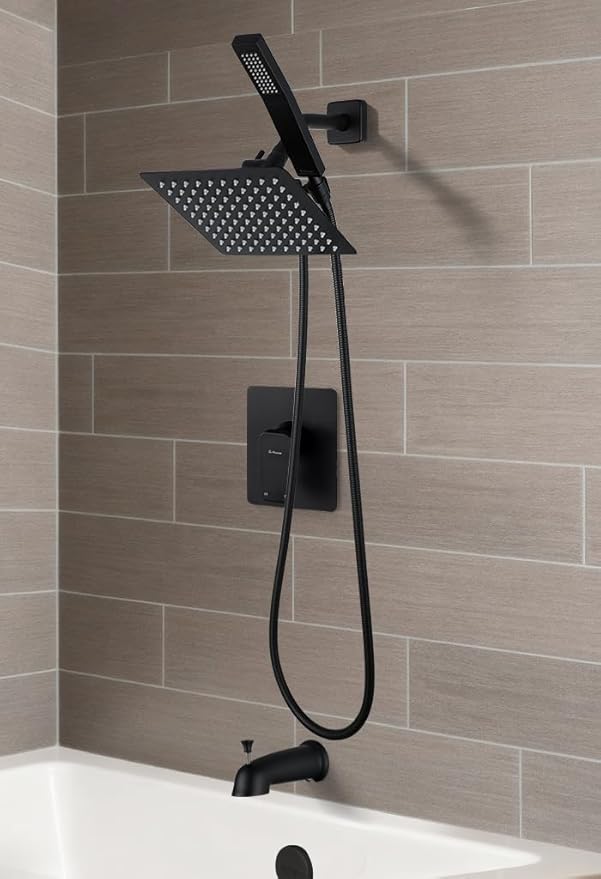 All Metal Shower Faucet Set, Dual Square Shower Head System with Handheld Wand, Diverter, Hose Complete Combo, Pressure Balance Rough-in Valve and Tub Spout Included (Matte Black)