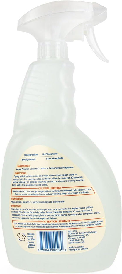Nellie's All-Purpose Cleaner - Lemongrass Scent - Multi-Surface Cleaning for Kitchens, Bathrooms, and More - Plant-Based Formula - Leaping Bunny Certified - Free from Harsh Chemicals (Made in Canada)