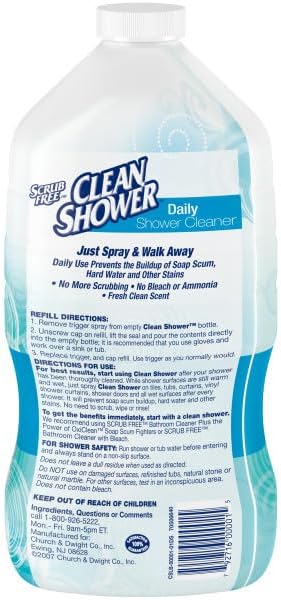 Clean Shower Daily Shower Cleaner Spray, Cleans Mildew Stains, Prevents Soap Scum, Hard Water & Other Stains, Fresh Clean Scent, 32 oz + 2 x 60 oz Refills