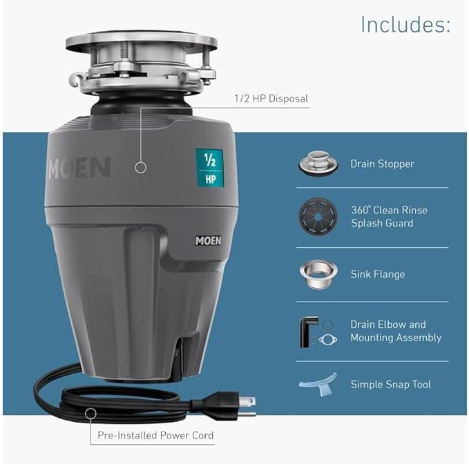Moen Gray EX Series Prep Series 1/2 Horsepower Garbage Disposal, EX50C