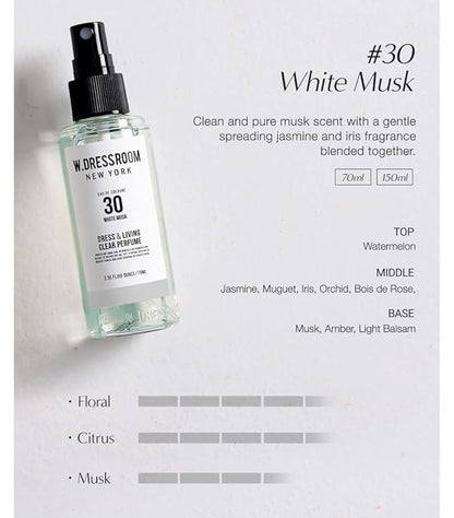 W.Dressroom No.30 White Musk Dress & Living Clear Perfume (2.36 oz) – Fresh Scent for Clothes, Fabrics, Carpets & Rooms, Natural Odor Eliminator, Eco-Friendly, Water-Based