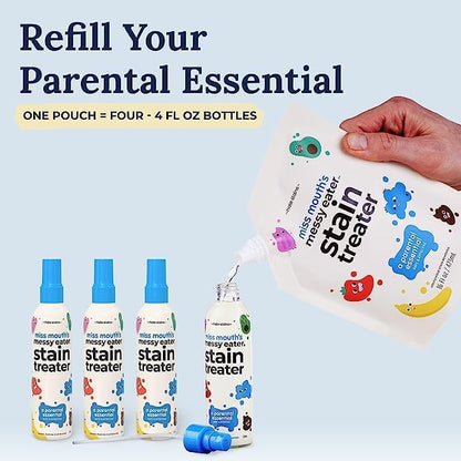 Miss Mouth's Messy Eater Stain Treater - 4oz 2-Pack Spray & 16oz Refill Pouch - Laundry Spot Cleaner for Baby Clothes, Carpet & Fabric