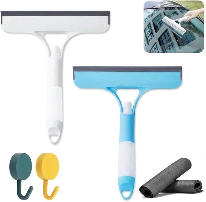 2 Pack 3 in 1 Window Cleaning Scraper, Window Squeegee with Sprayer, Window Squeegee Cleaner Tool with Built-in Spray Bottle for Car Windows Mirrors Shower Glass Bathroom Tiles Home Kitchen Flooring