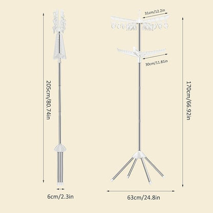 SUYU Clothes Drying Rack,Folding Clothes Drying Tree, 2 Layer with 24 Clips and 3 Rotatable Arms,66.9-Inch Indoor Clothes Rack,Stainless Steel,4 Legs,White and Silver SNJ102